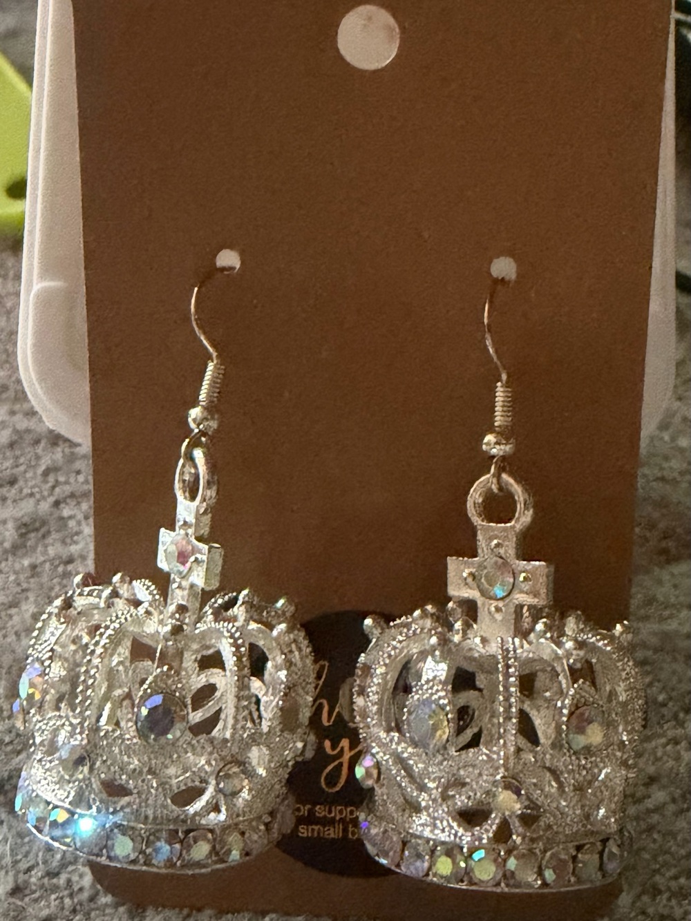 Silver Tone Crown Drop Earrings with Iridescent Stones